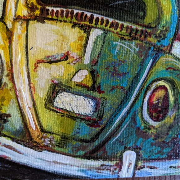 Set of 2 ORIGINAL PAINTINGS 4" x 6" Vintage Volkswagen Beetle Bug Yellow Blue - Picture 8 of 11